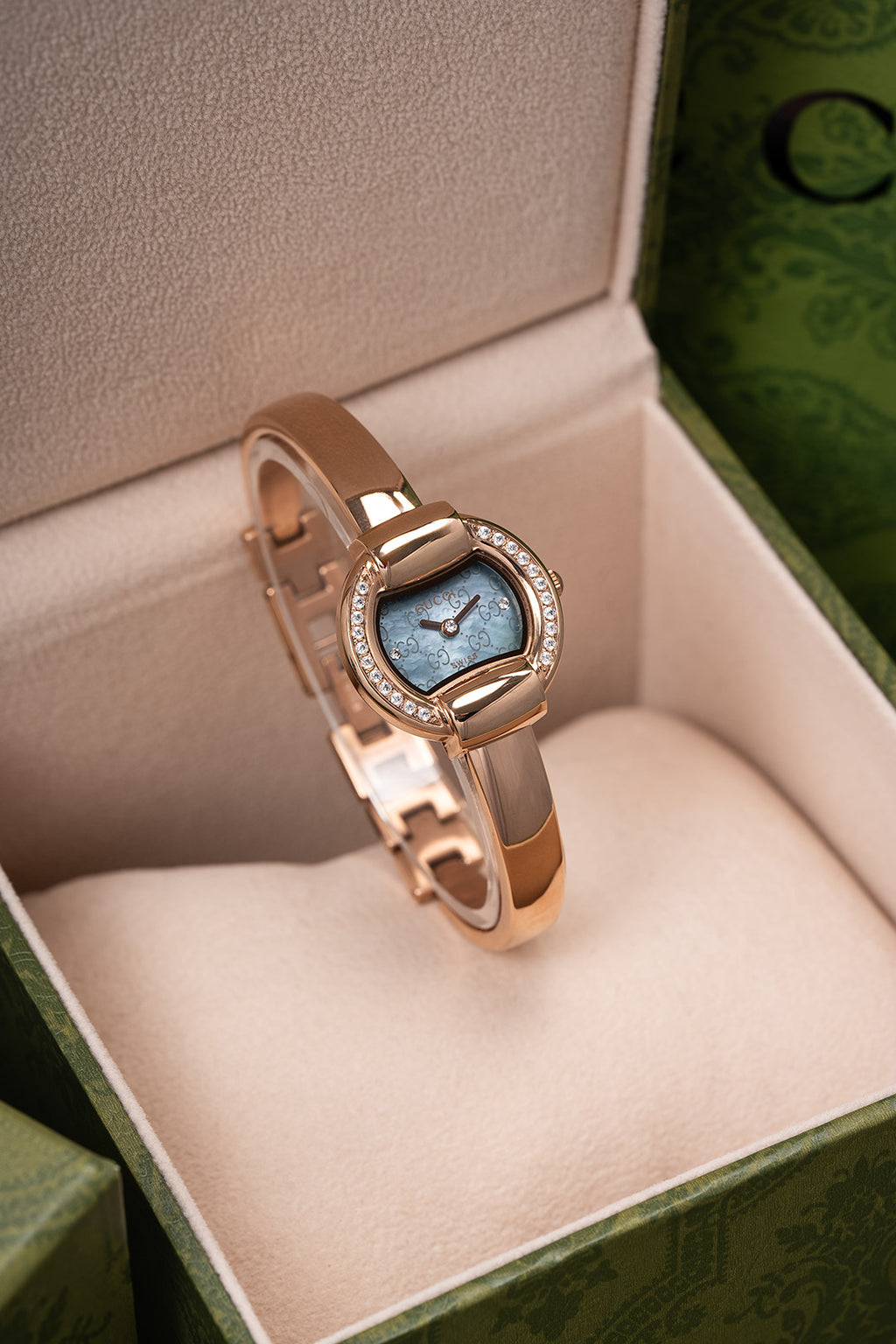 25mm Crystal-Accent Bangle Watch - Rose Gold / Light Blue