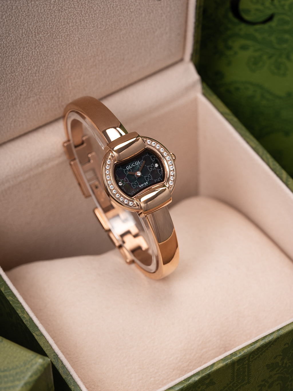 25mm Crystal-Accent Bangle Watch - Rose Gold / Black Sparkle