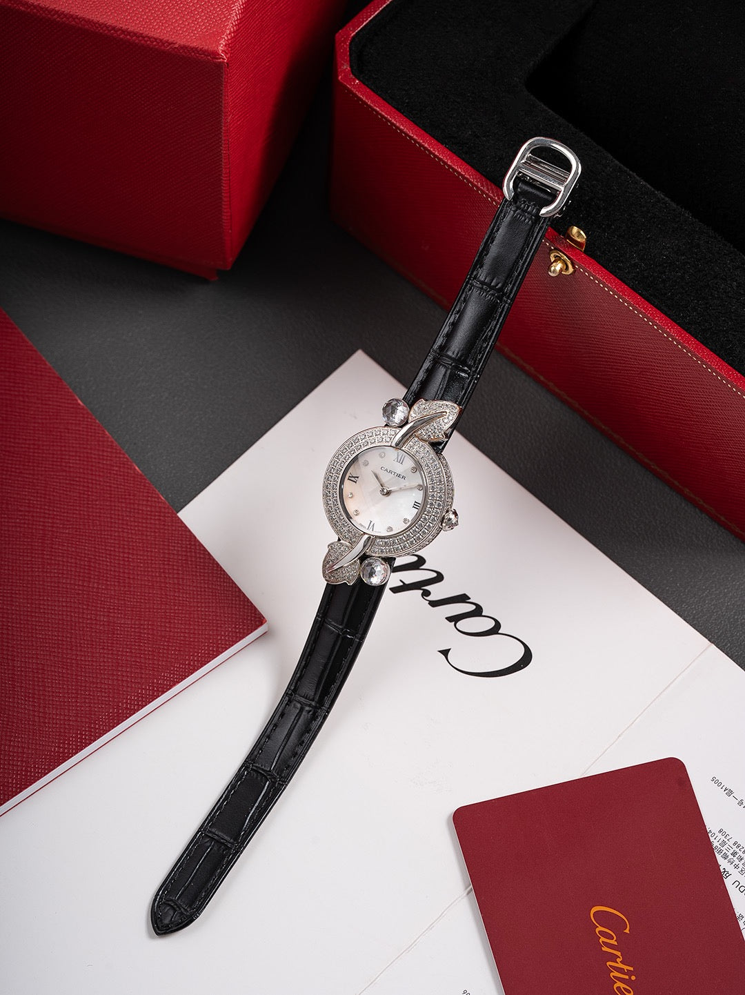 Leaf-Accent Crystal Strap Watch - Silver / Black / Silver Hands