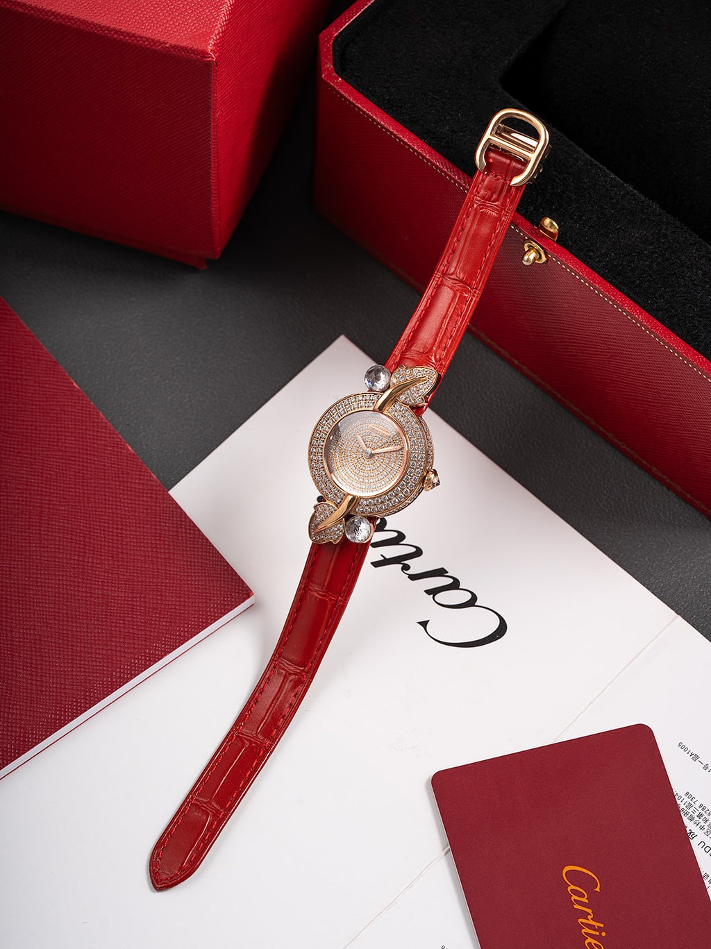 Leaf-Accent Crystal Strap Watch - Gold / Red / Crystal Dial