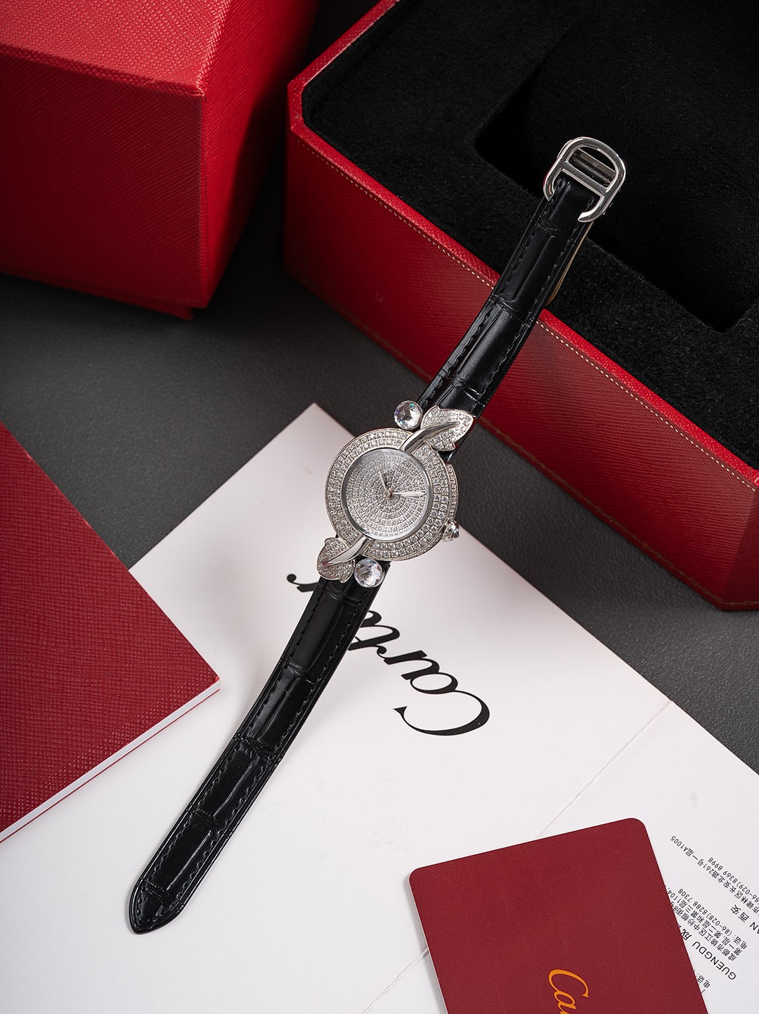 Leaf-Accent Crystal Strap Watch - Silver / Black / Crystal Dial