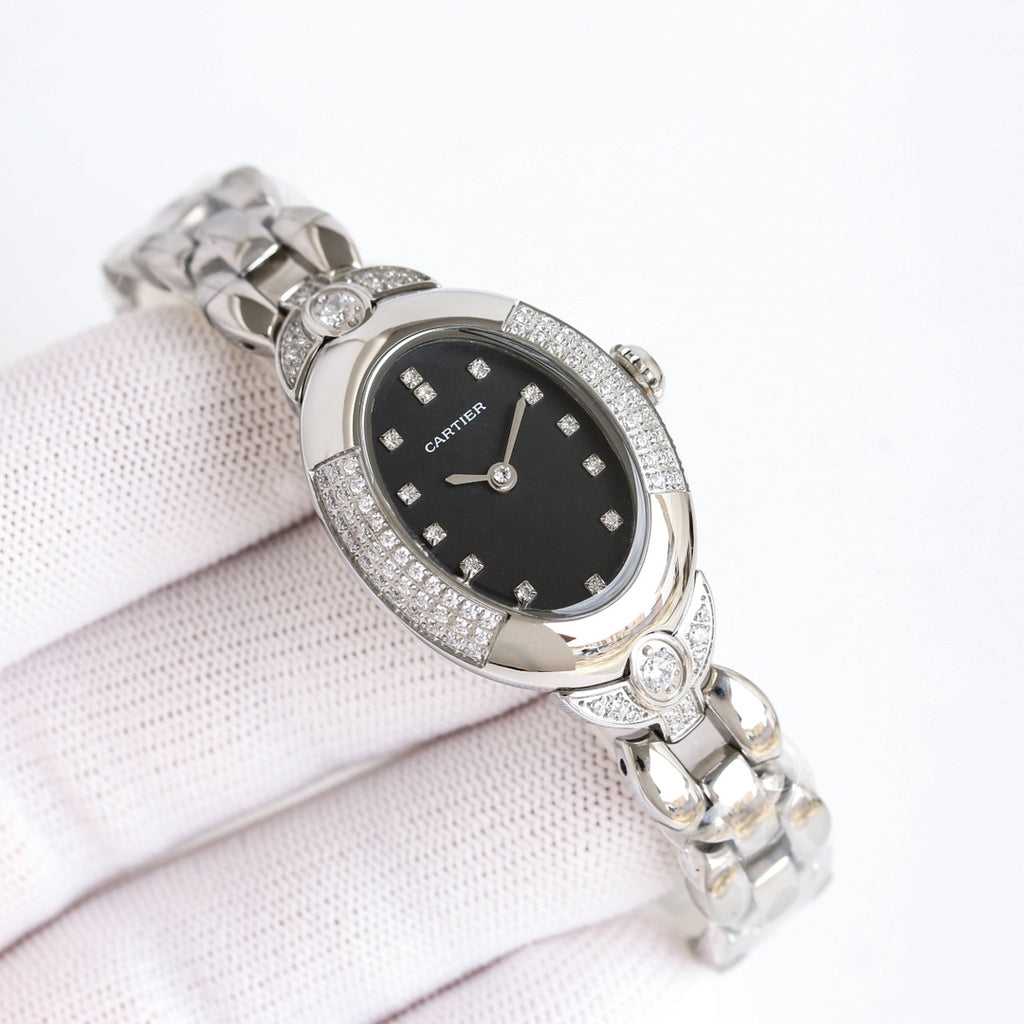 30mm Oval Crystal Link Bracelet Watch - Silver / Black