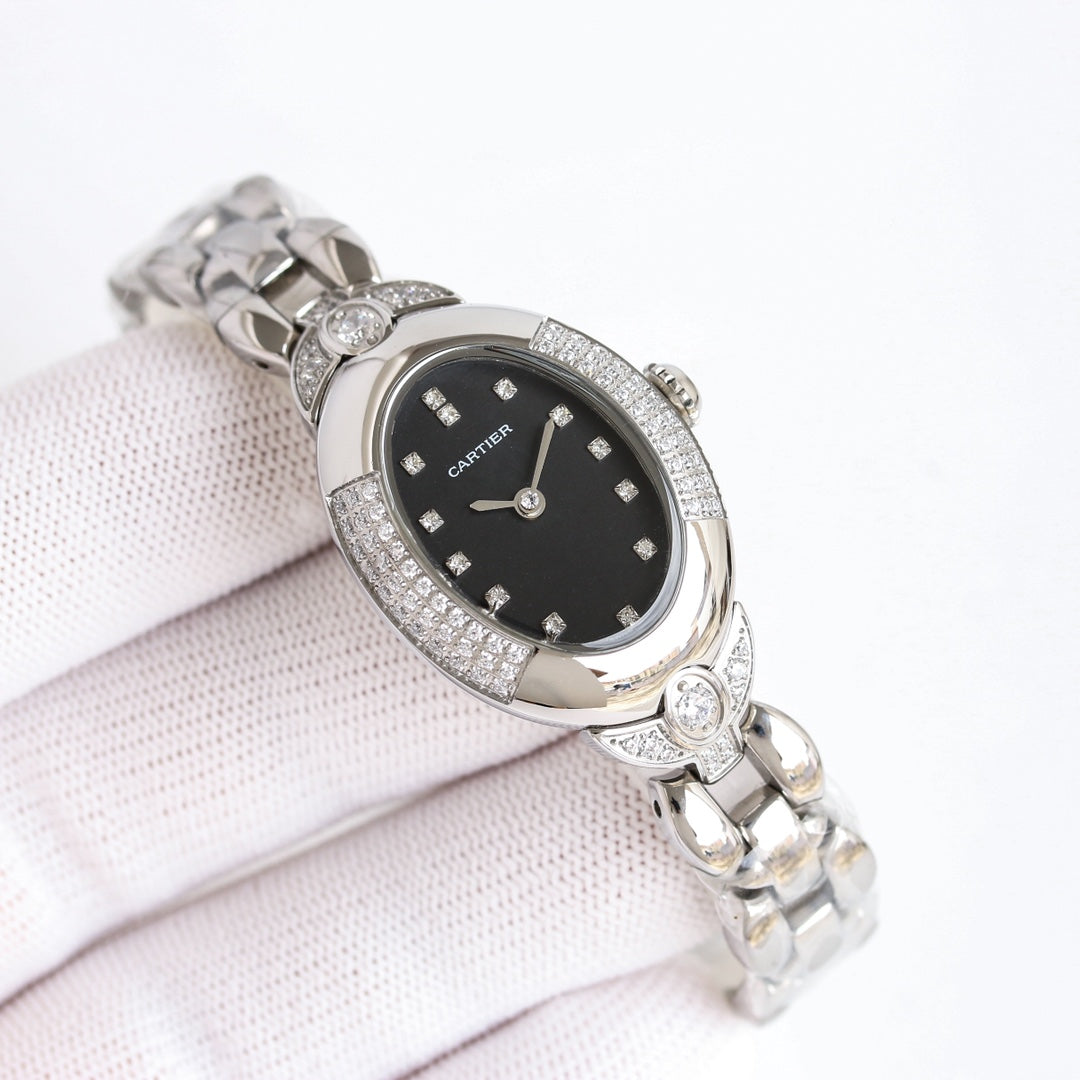 30mm Oval Crystal Link Bracelet Watch - Silver / Black