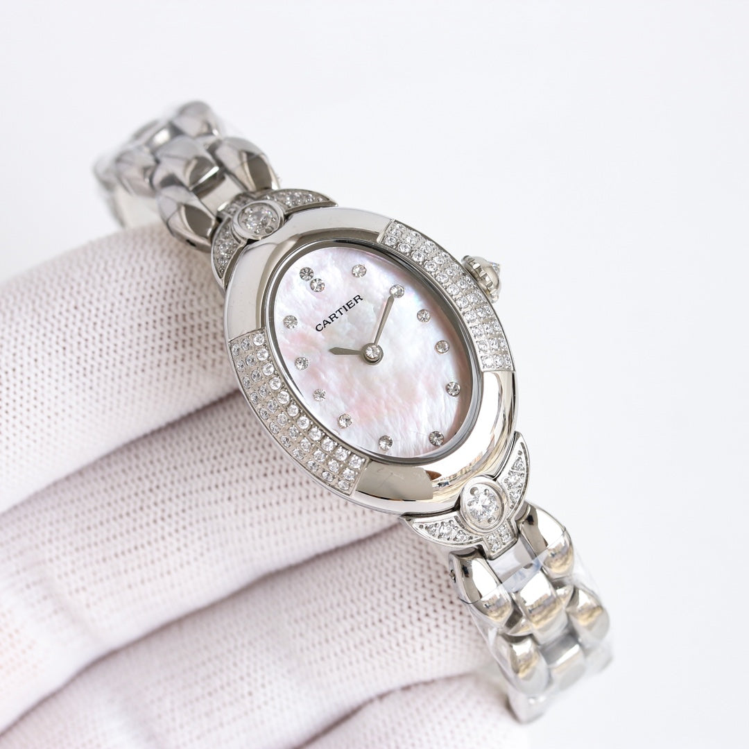 30mm Oval Crystal Link Bracelet Watch - Silver / Pink