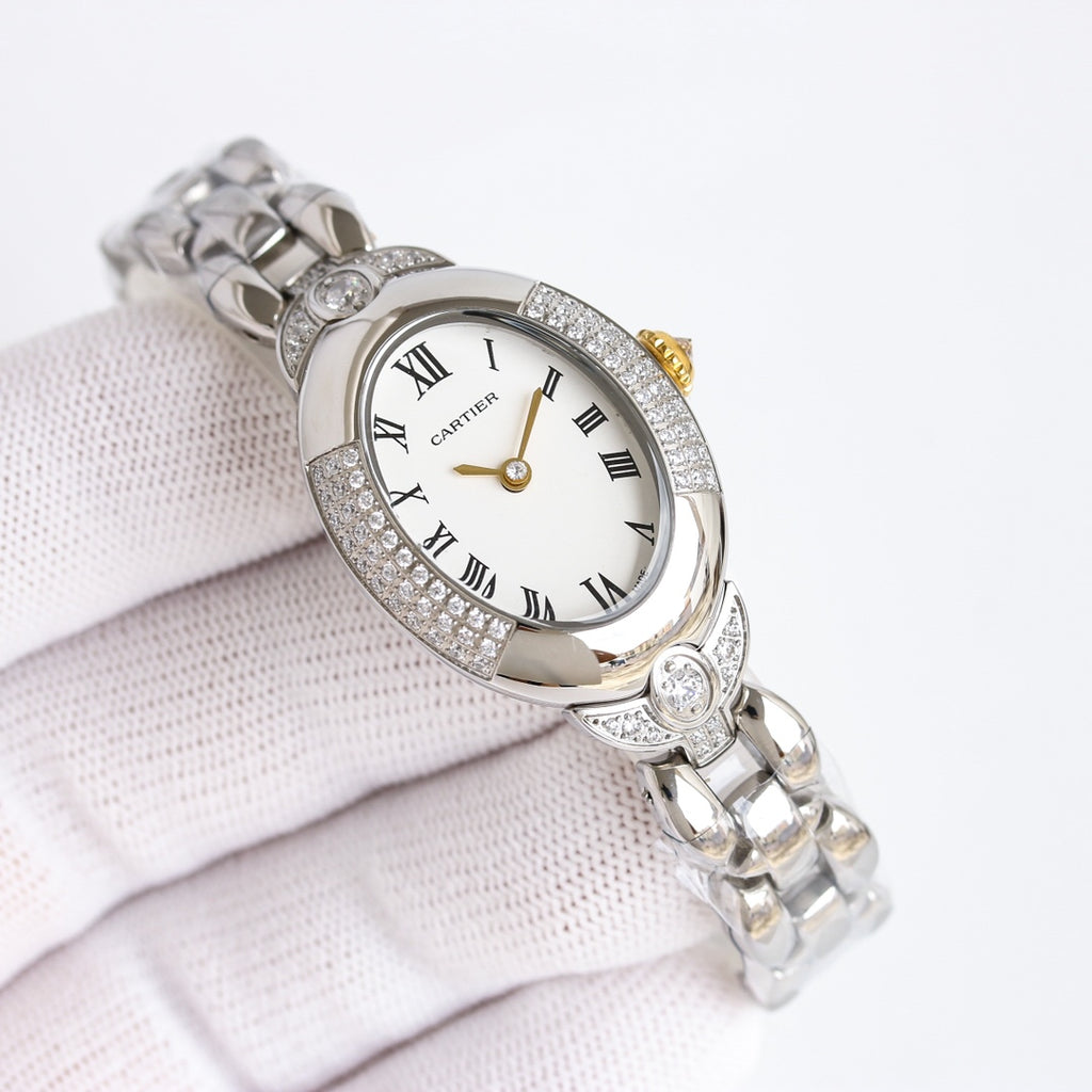 30mm Oval Crystal Link Bracelet Watch - Silver / White / Gold Hands