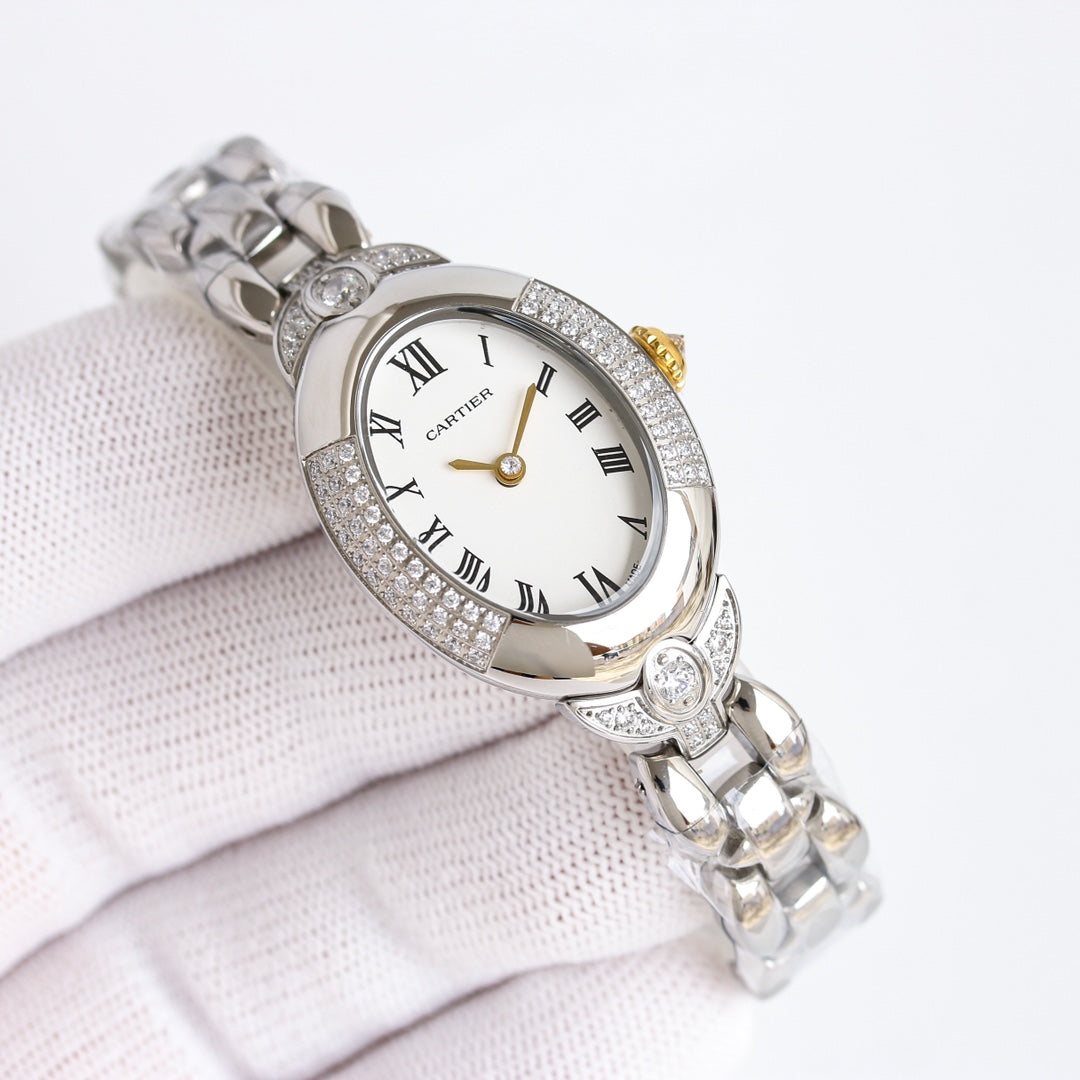 30mm Oval Crystal Link Bracelet Watch - Silver / White / Gold Hands