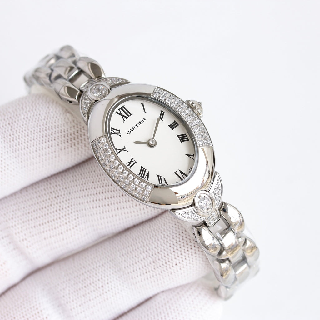 30mm Oval Crystal Link Bracelet Watch - Silver / White / Blue Hands