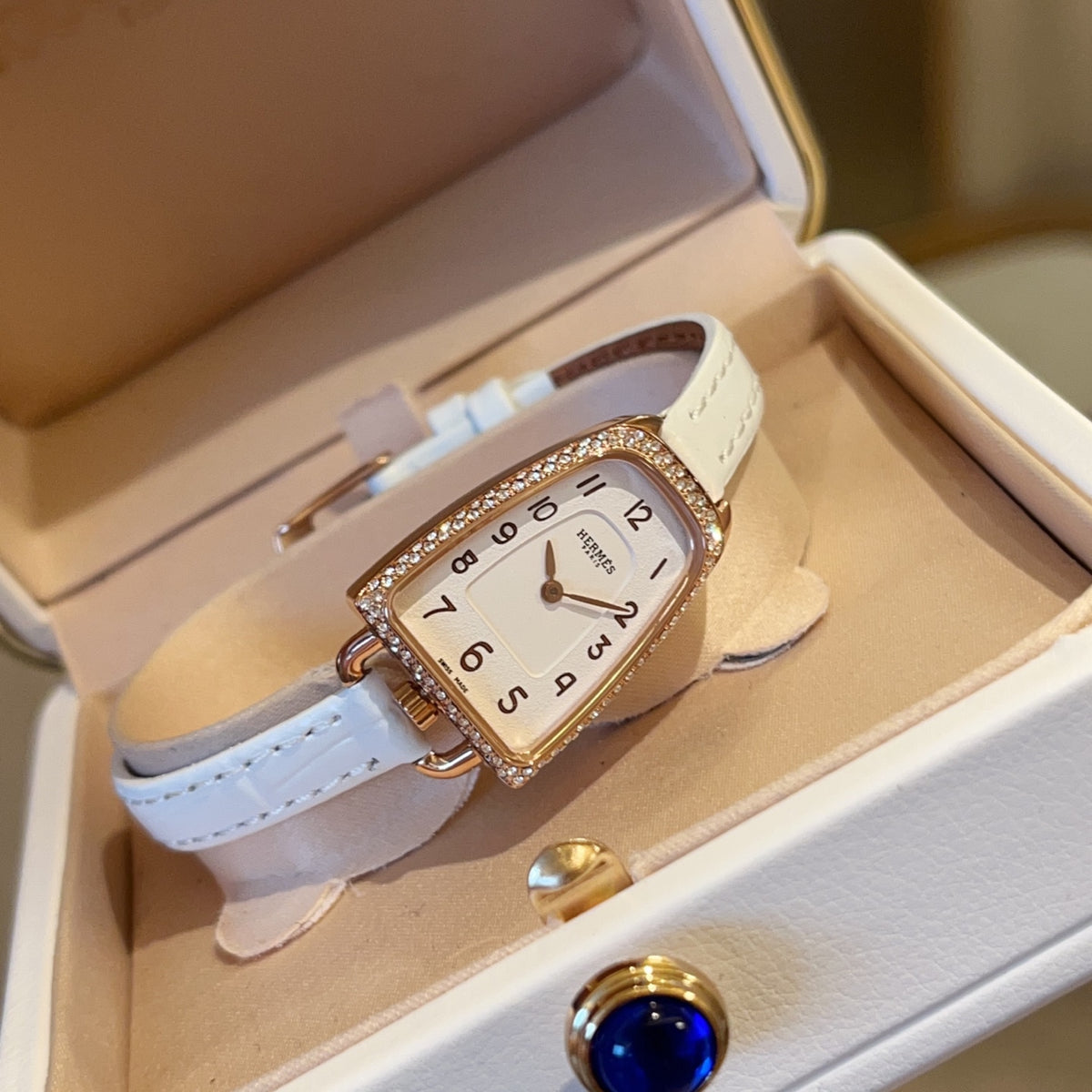 Crystal Stirrup Case Strap Watch - White
