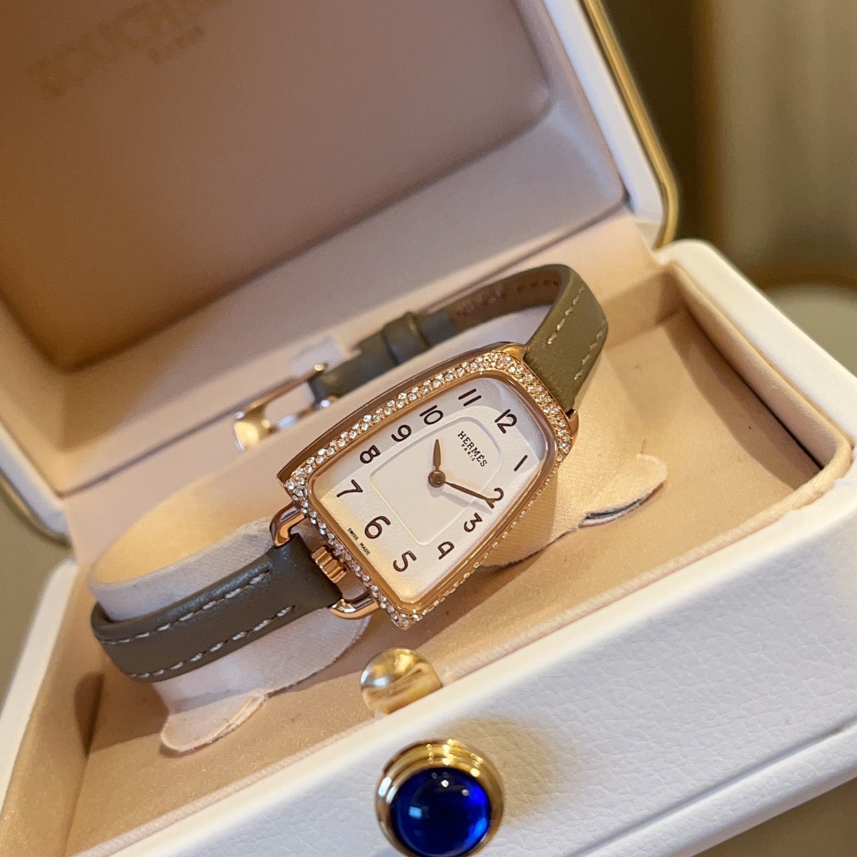 Crystal Stirrup Case Strap Watch - Olive Gray