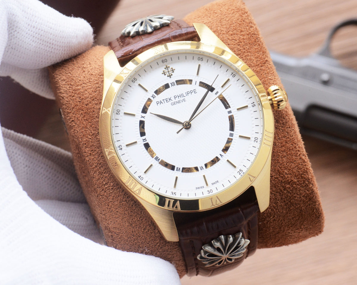 41mm Classic Automatic Leather Strap Watch - Gold / White / Brown Strap