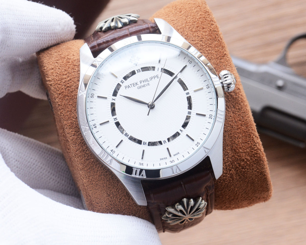41mm Classic Automatic Leather Strap Watch - Silver / White / Brown Strap