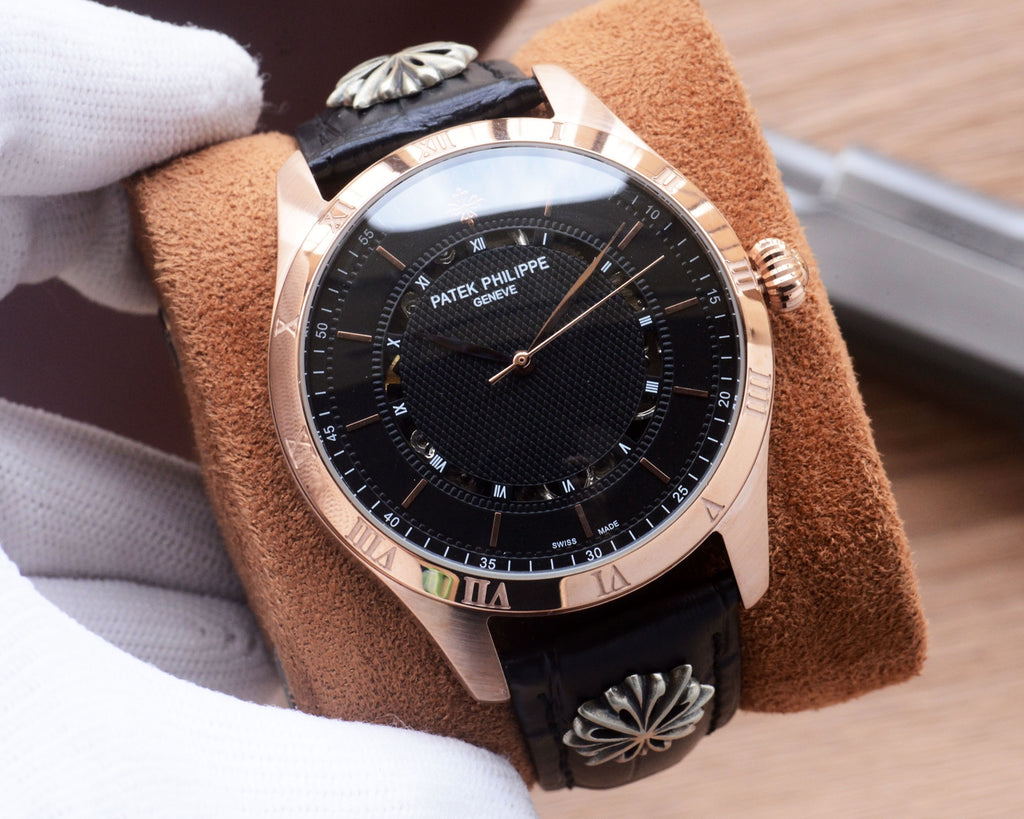 41mm Classic Automatic Leather Strap Watch - Rose Gold / Black / Black Strap