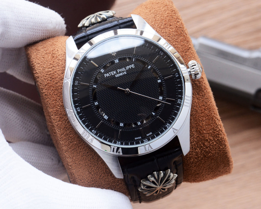 41mm Classic Automatic Leather Strap Watch - Silver / Black / Black Strap