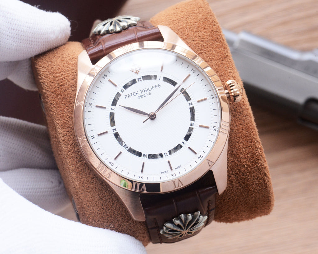 41mm Classic Automatic Leather Strap Watch - Rose Gold / White / Brown Strap