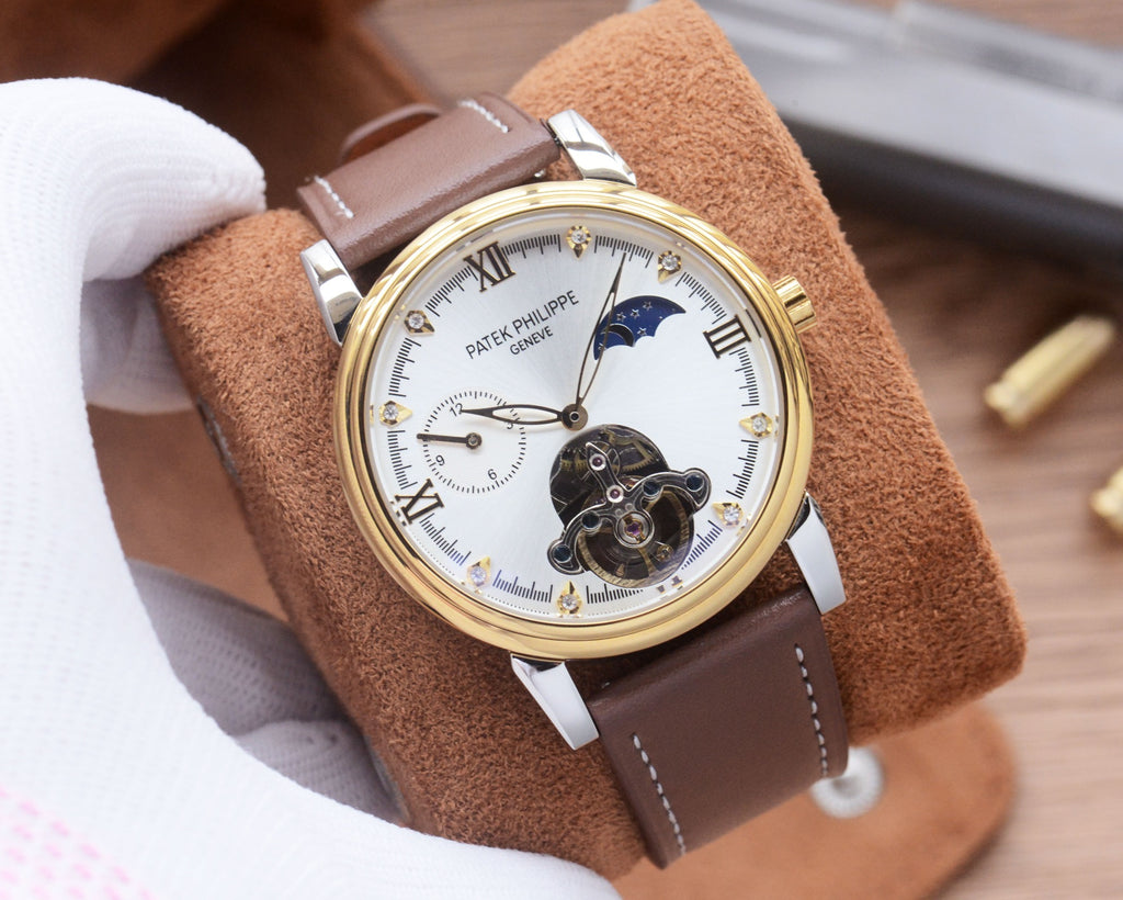 43mm Open-Heart Automatic Strap Watch - Gold / White / Brown Strap