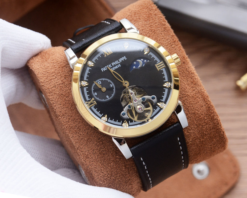 43mm Open-Heart Automatic Strap Watch - Gold / Black / Black Strap