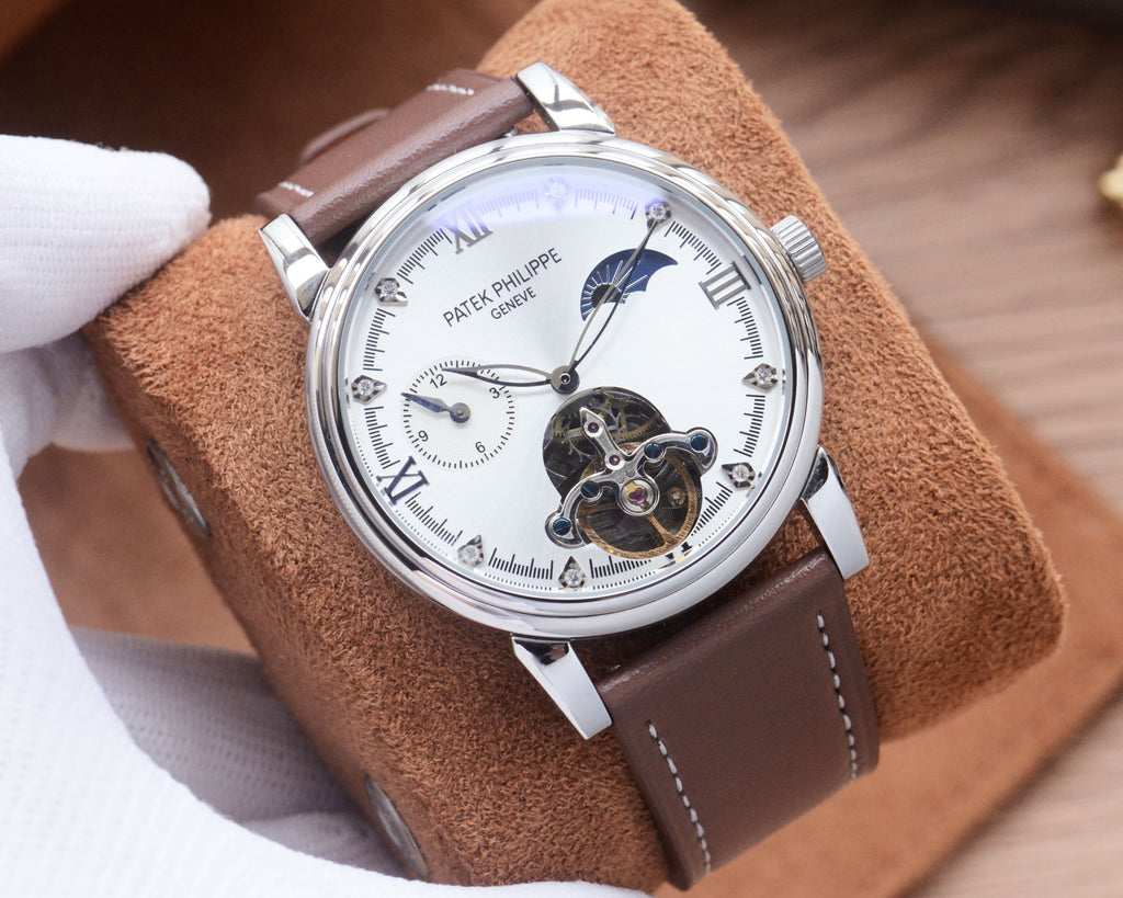 43mm Open-Heart Automatic Strap Watch - Silver / White / Brown Strap