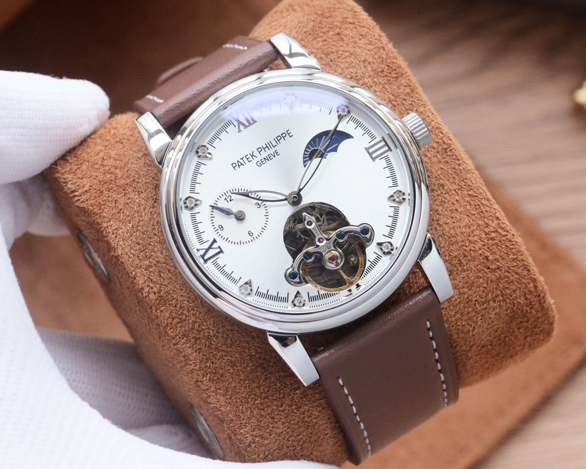 43mm Open-Heart Automatic Strap Watch - Silver / White / Brown Strap