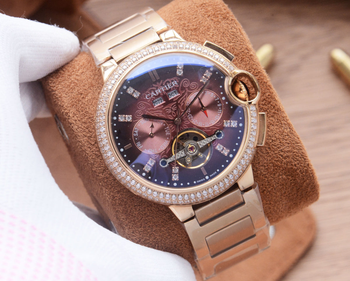 41mm Crystal Open-Heart Automatic Watch - Rose Gold / Pink / Metal Bracelet