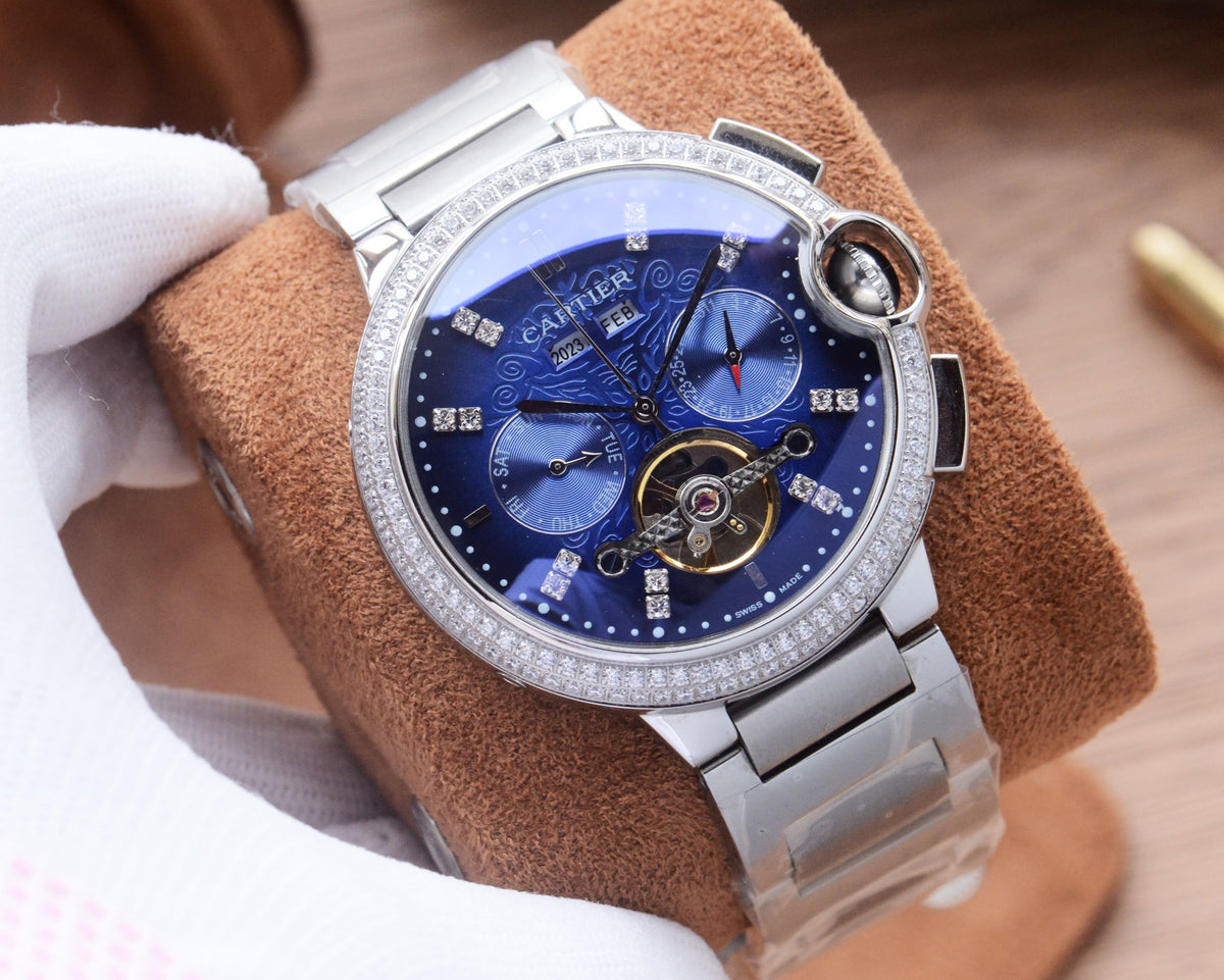 41mm Crystal Open-Heart Automatic Watch - Silver / Blue / Metal Bracelet