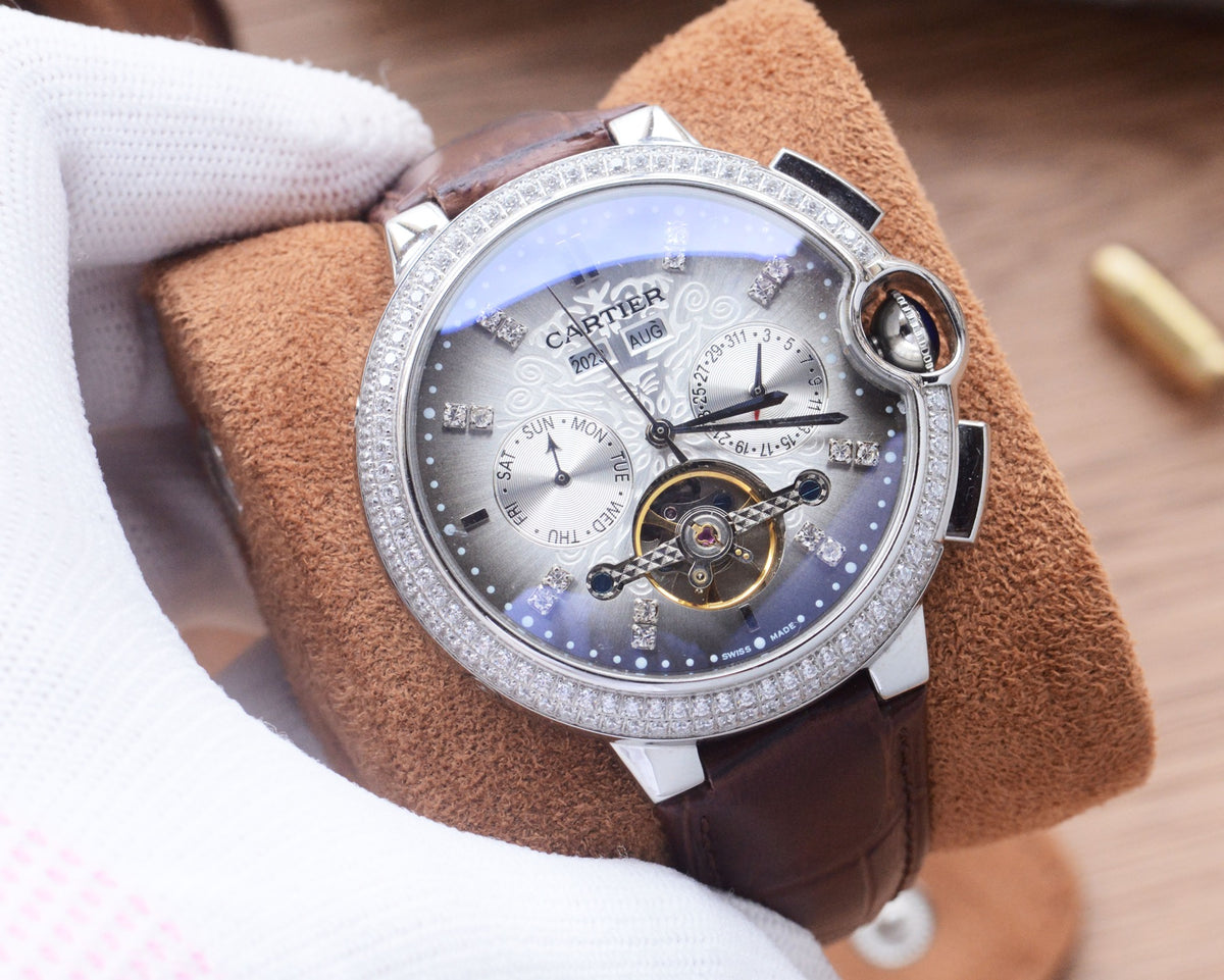 41mm Crystal Open-Heart Automatic Watch - Silver / Silver / Brown Leather