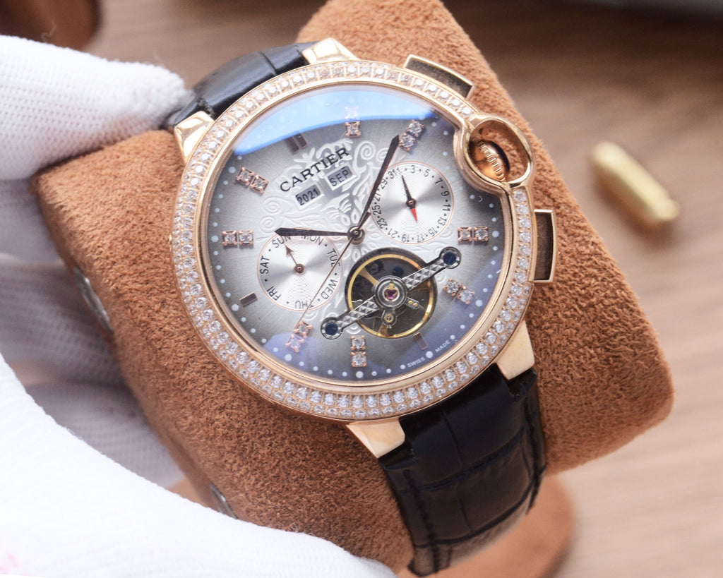 41mm Crystal Open-Heart Automatic Watch - Rose Gold / Silver / Black Leather