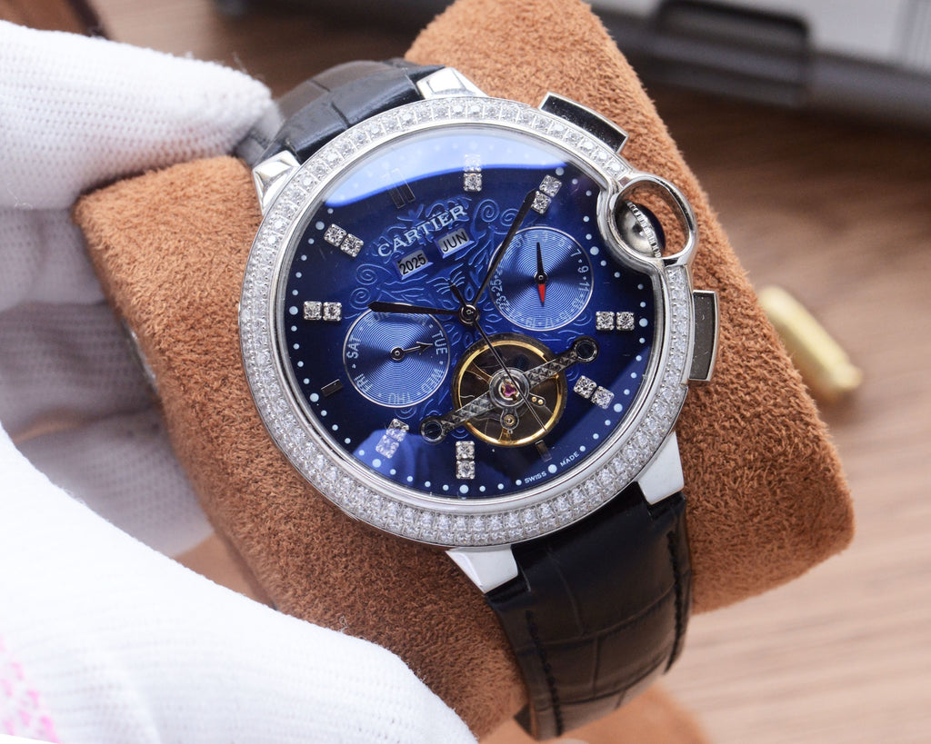 41mm Crystal Open-Heart Automatic Watch - Silver / Blue / Blue Leather