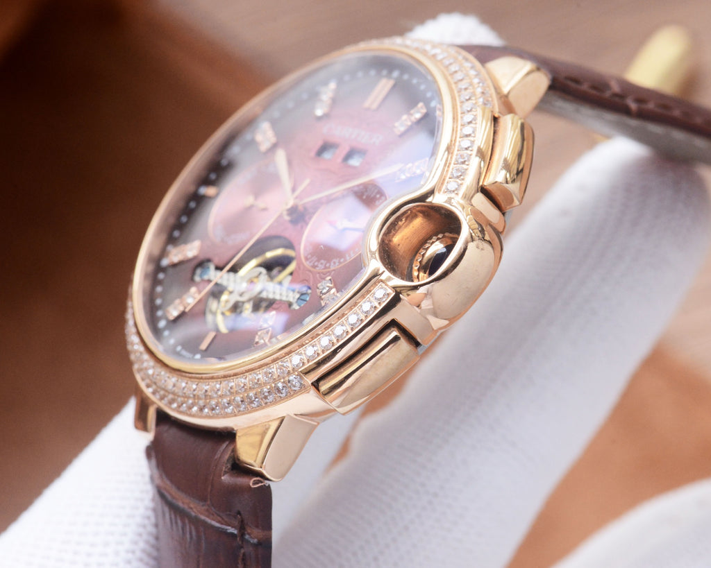 41mm Crystal Open-Heart Automatic Watch - Rose Gold / Pink / Brown Leather