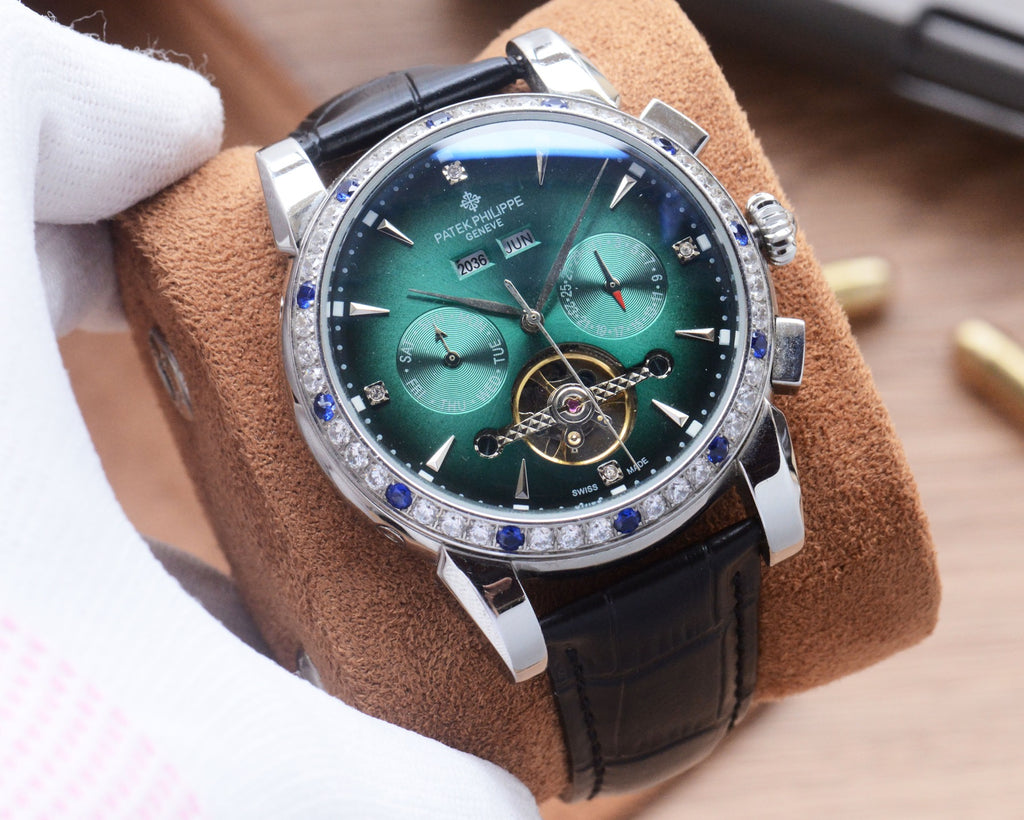 41mm Open-Heart Decorative Bezel Automatic Watch - Silver / Green / Black Strap