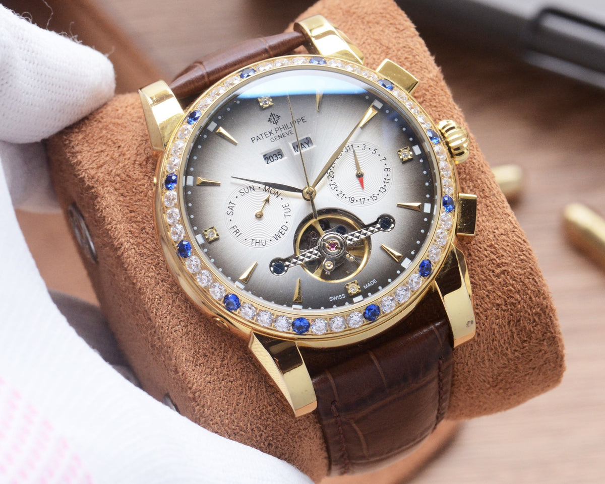 41mm Open-Heart Decorative Bezel Automatic Watch - Gold / Silver / Brown Strap