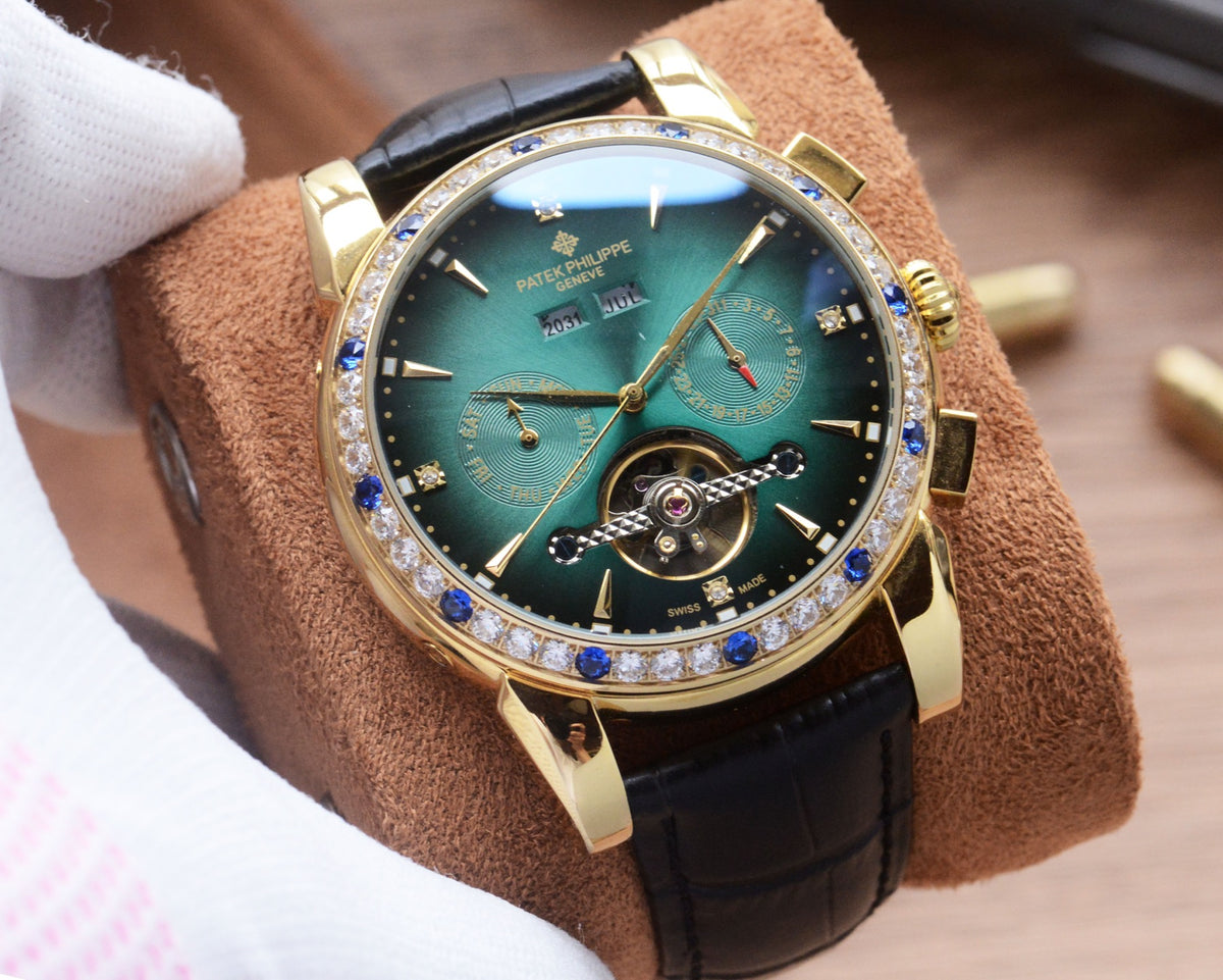 41mm Open-Heart Decorative Bezel Automatic Watch - Gold / Green / Black Strap