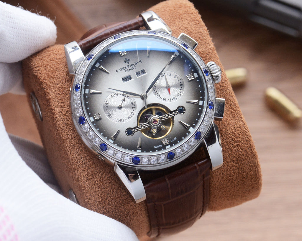 41mm Open-Heart Decorative Bezel Automatic Watch - Silver / Silver / Brown Strap