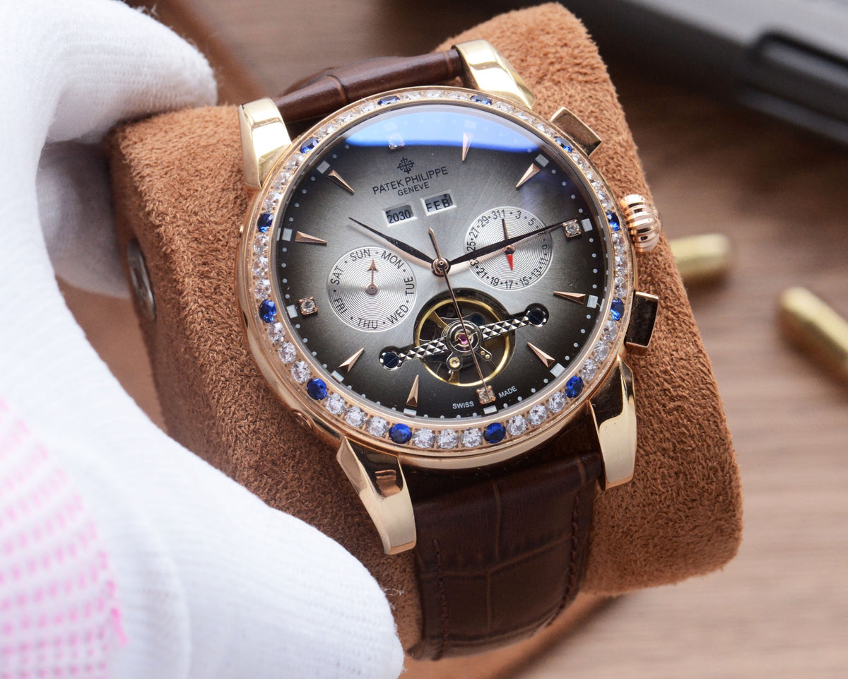 41mm Open-Heart Decorative Bezel Automatic Watch - Rose Gold / Silver / Brown Strap