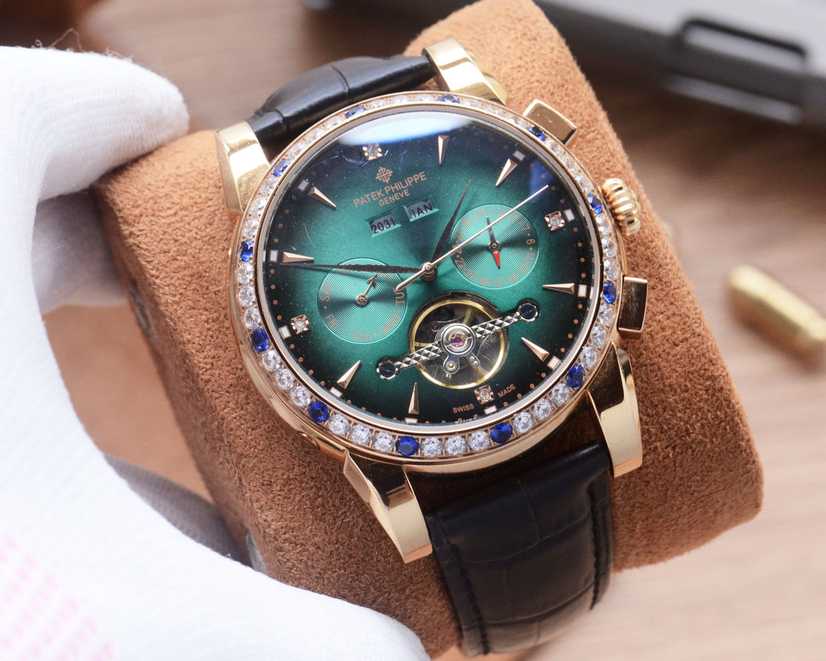 41mm Open-Heart Decorative Bezel Automatic Watch - Rose Gold / Green / Black Strap