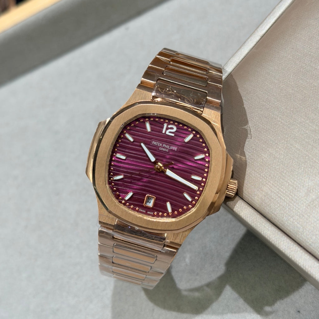35 mm gold-tone watch - Burgundy - smooth bezel