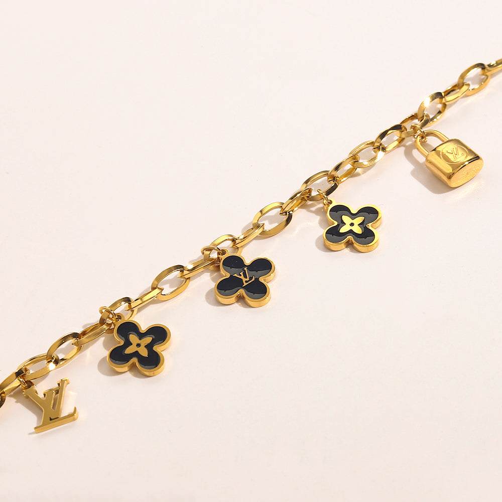 304 Stainless Steel Black Floral Charm Chain Bracelet