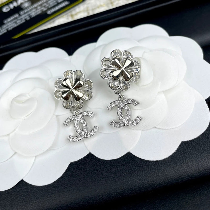 Silver-Tone Flower & Interlocking-C Drop Earrings