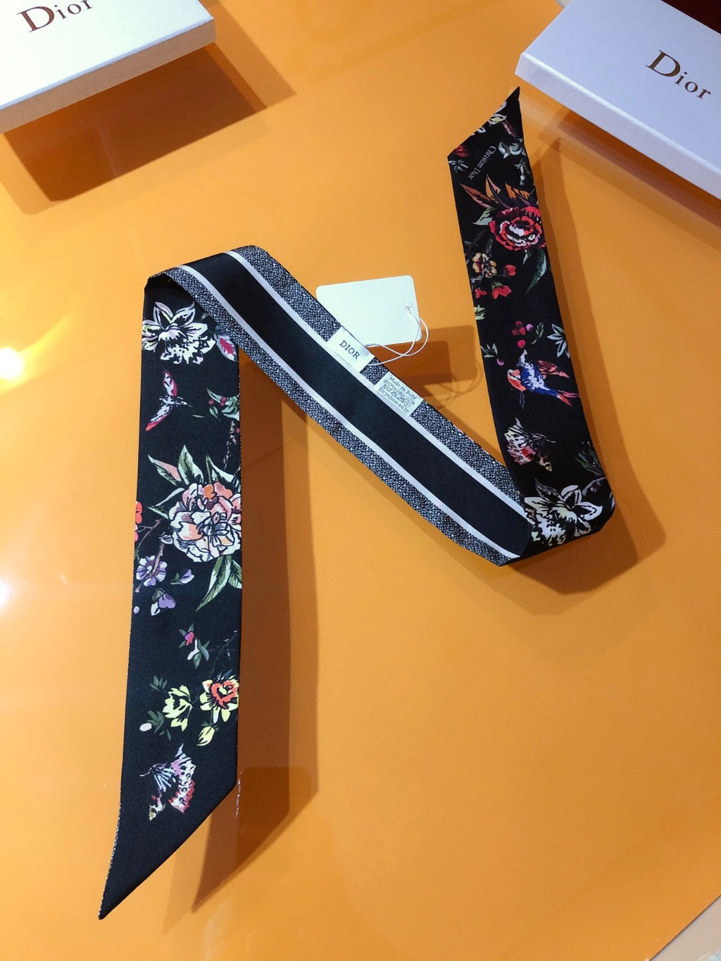 Botanical Print & Stripe Ribbon Scarf - 5 x 120 cm