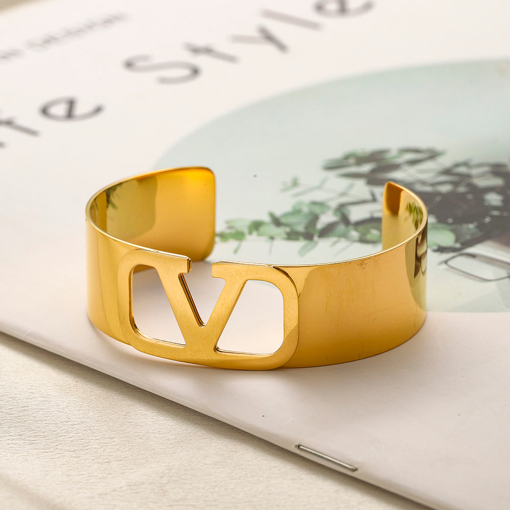 304 Stainless Steel V-Motif Wide Cuff Bracelet