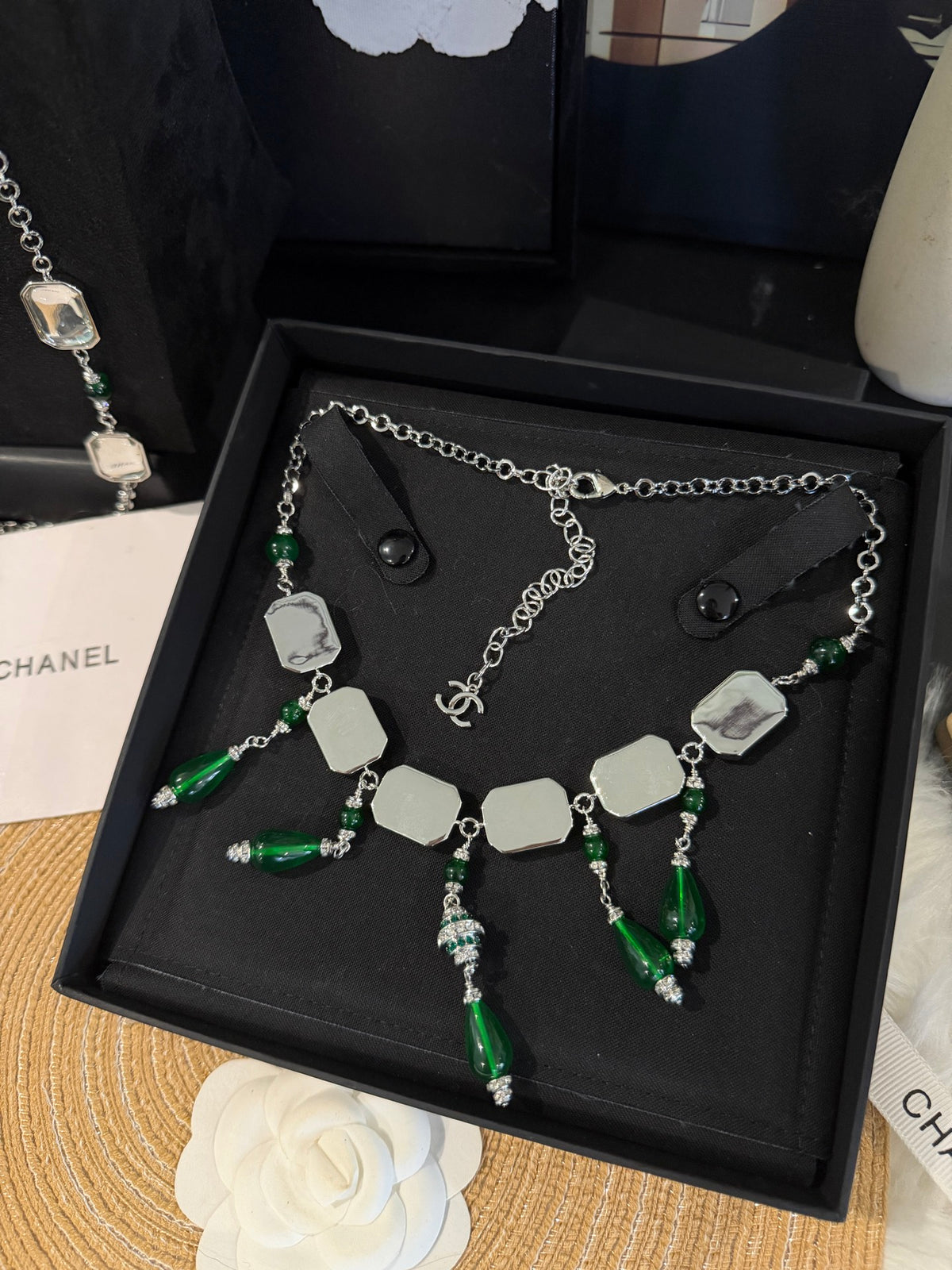 Vintage Geometric Pendant Necklace with Square, Emerald Teardrop & Clear Sugar-Cube Charms