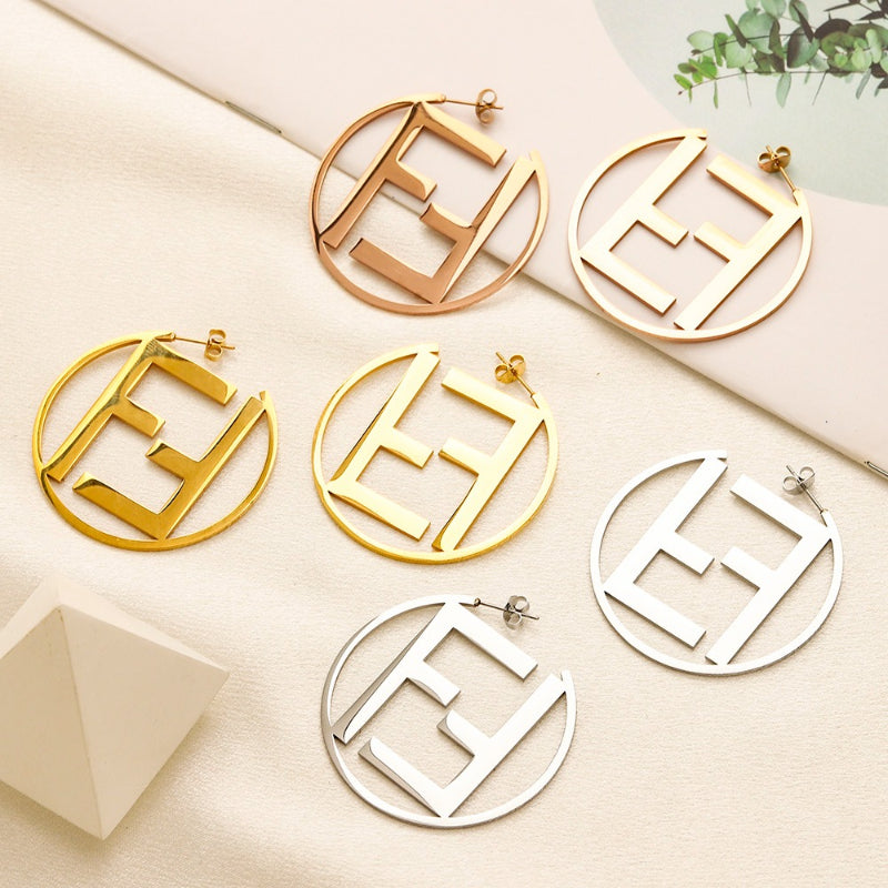 304 Stainless Steel Openwork F-Motif Hoop Earrings