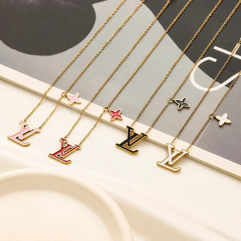 304 Stainless Steel Color-Inlay Monogram & Flower Necklace
