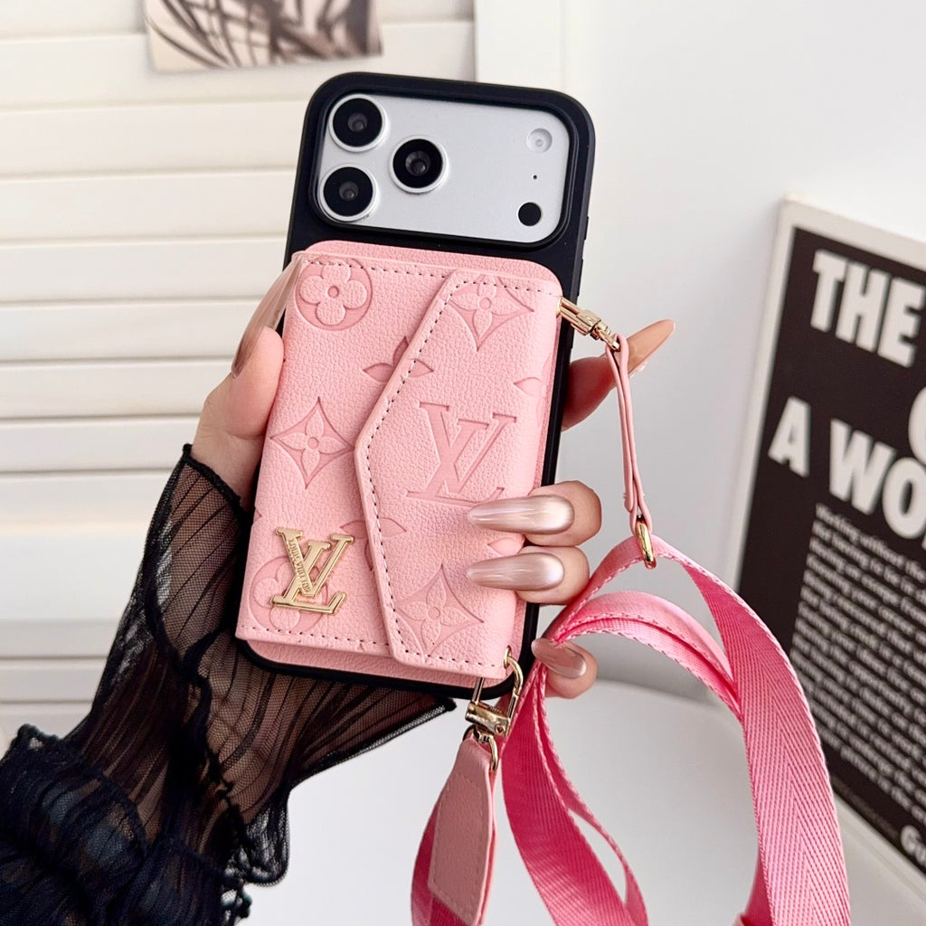 Embossed Letter Phone Case with Card Pocket and Strap
