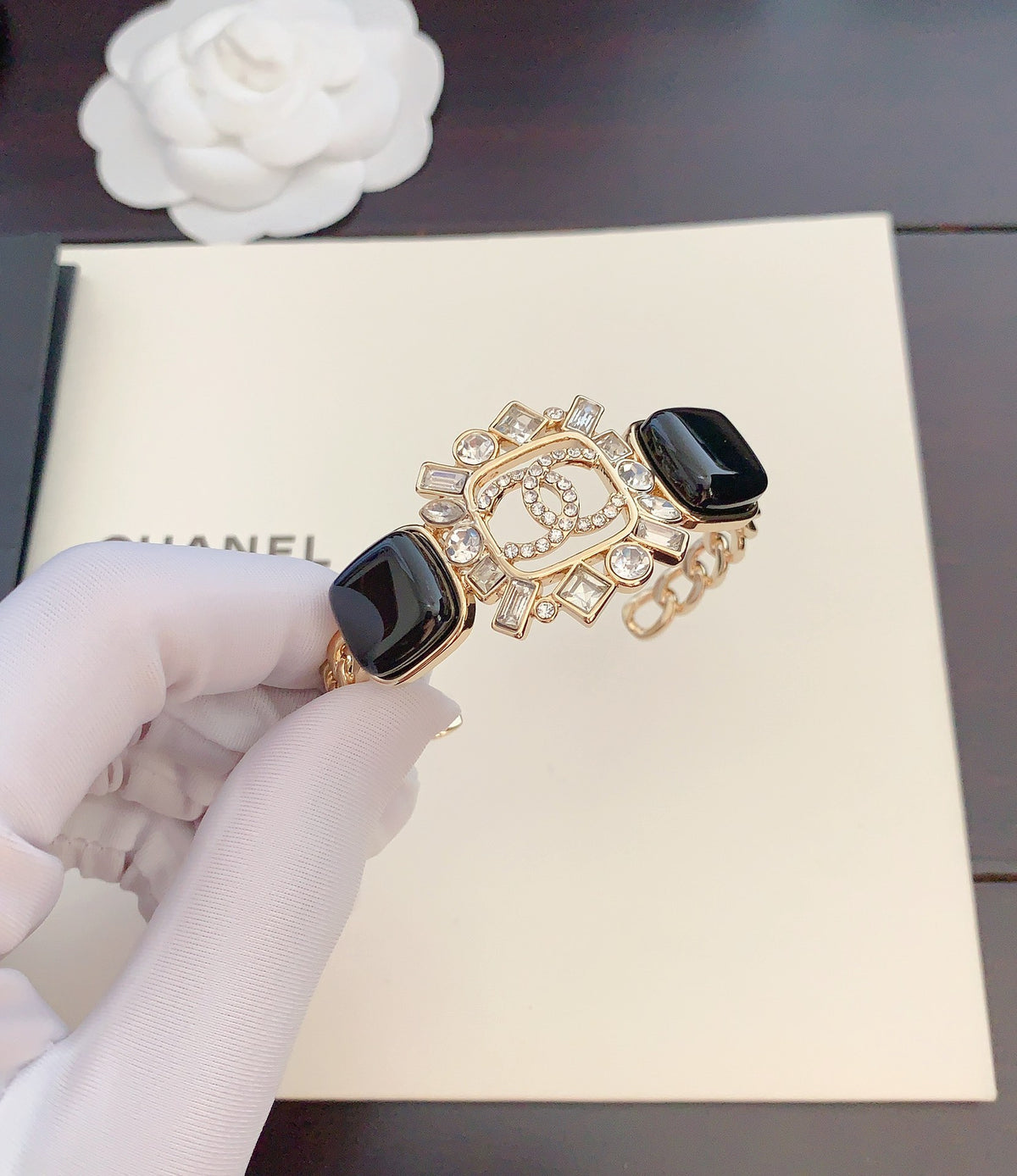 Emblem Chain Bracelet with Black Bead Accents