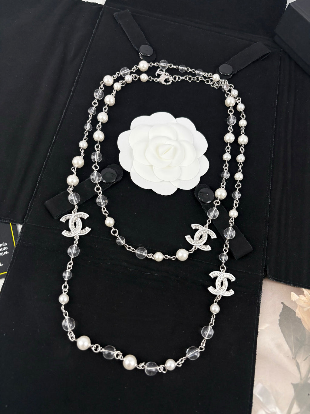 Silver Tone Faux Pearl Sweater Necklace, White Enamel, Sequins & Clear Beads