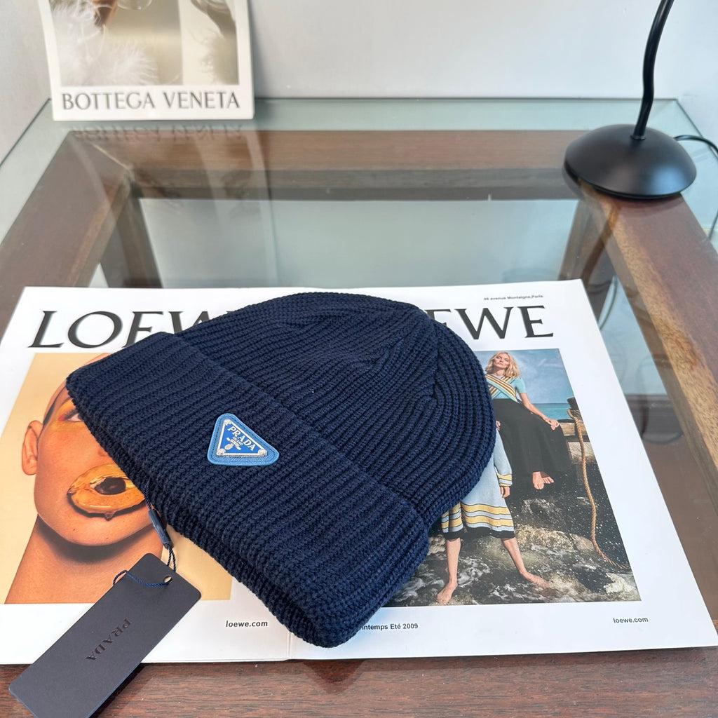 Ribbed Knit Beanie with Triangle Emblem