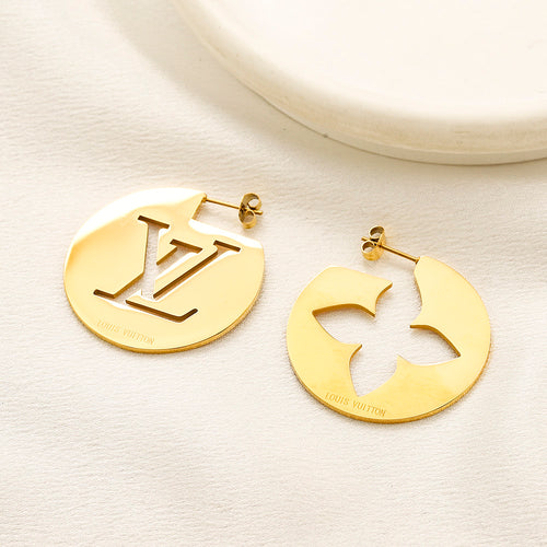 304 Stainless Steel Asymmetric Monogram & Flower Disc Earrings