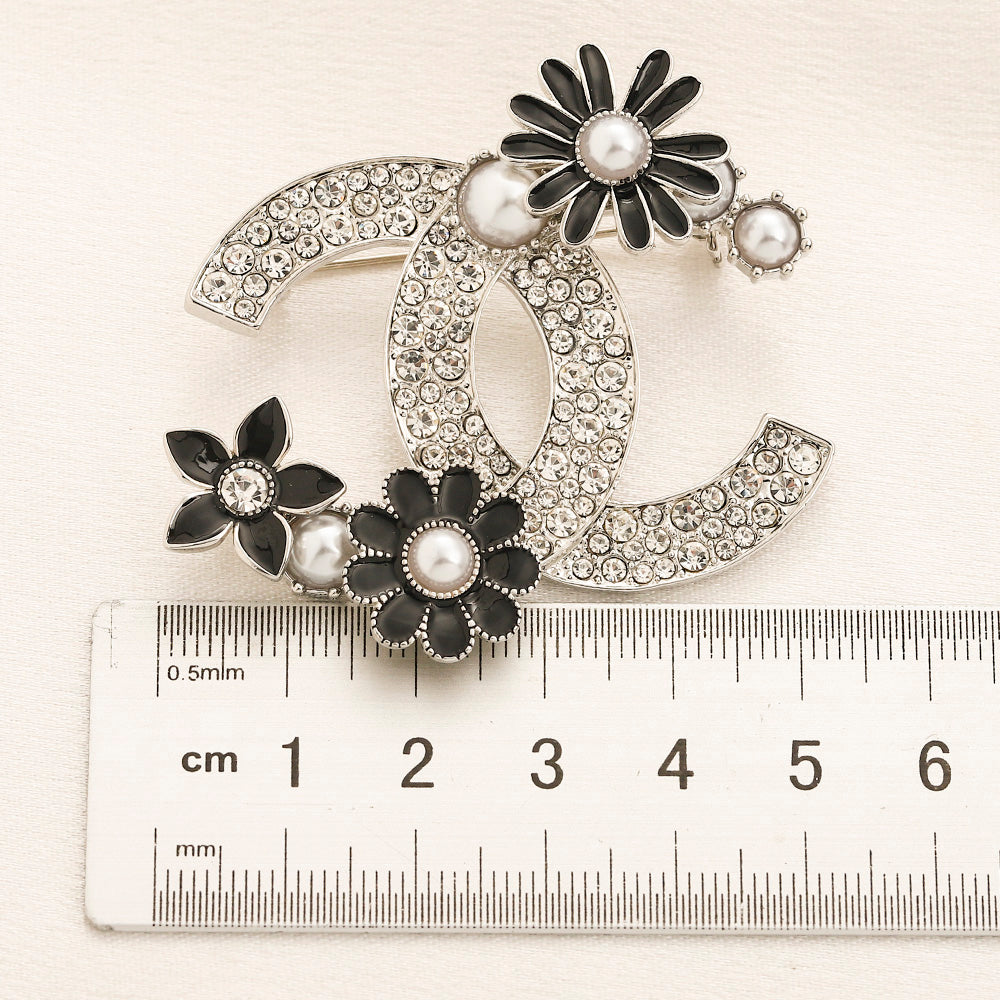 Alloy Pave Emblem Brooch with Flower Accents