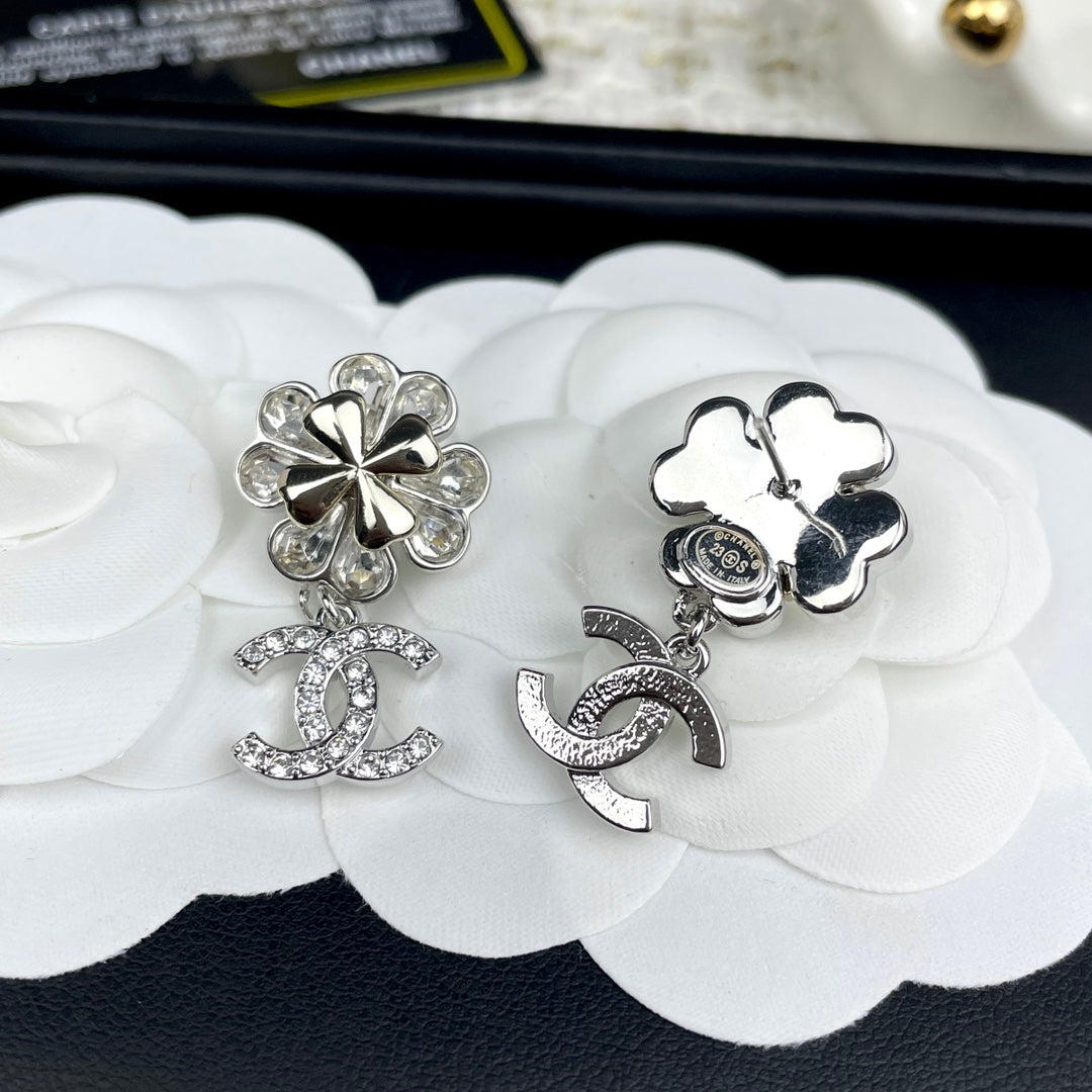 Silver-Tone Flower & Interlocking-C Drop Earrings