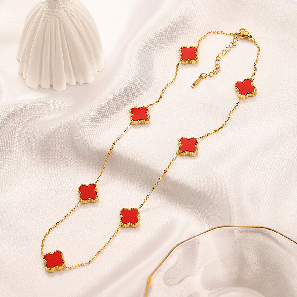 304 Stainless Steel Color-Inlay Quatrefoil Station Necklace
